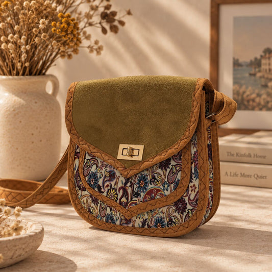 CNT-6024 Hardal Süet Kapaklı Paisley Desenli Goblen Omuz Çantası | Eos Kolektif - EOS Kolektif