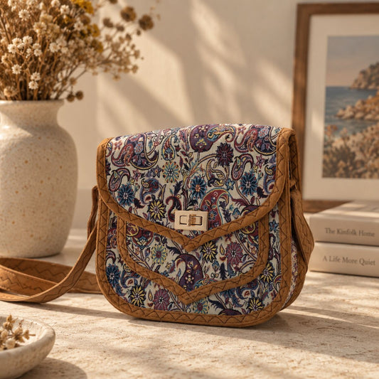 CNT-6026 Krem Taba Paisley Desenli Goblen Omuz Çantası | Eos Kolektif - EOS Kolektif