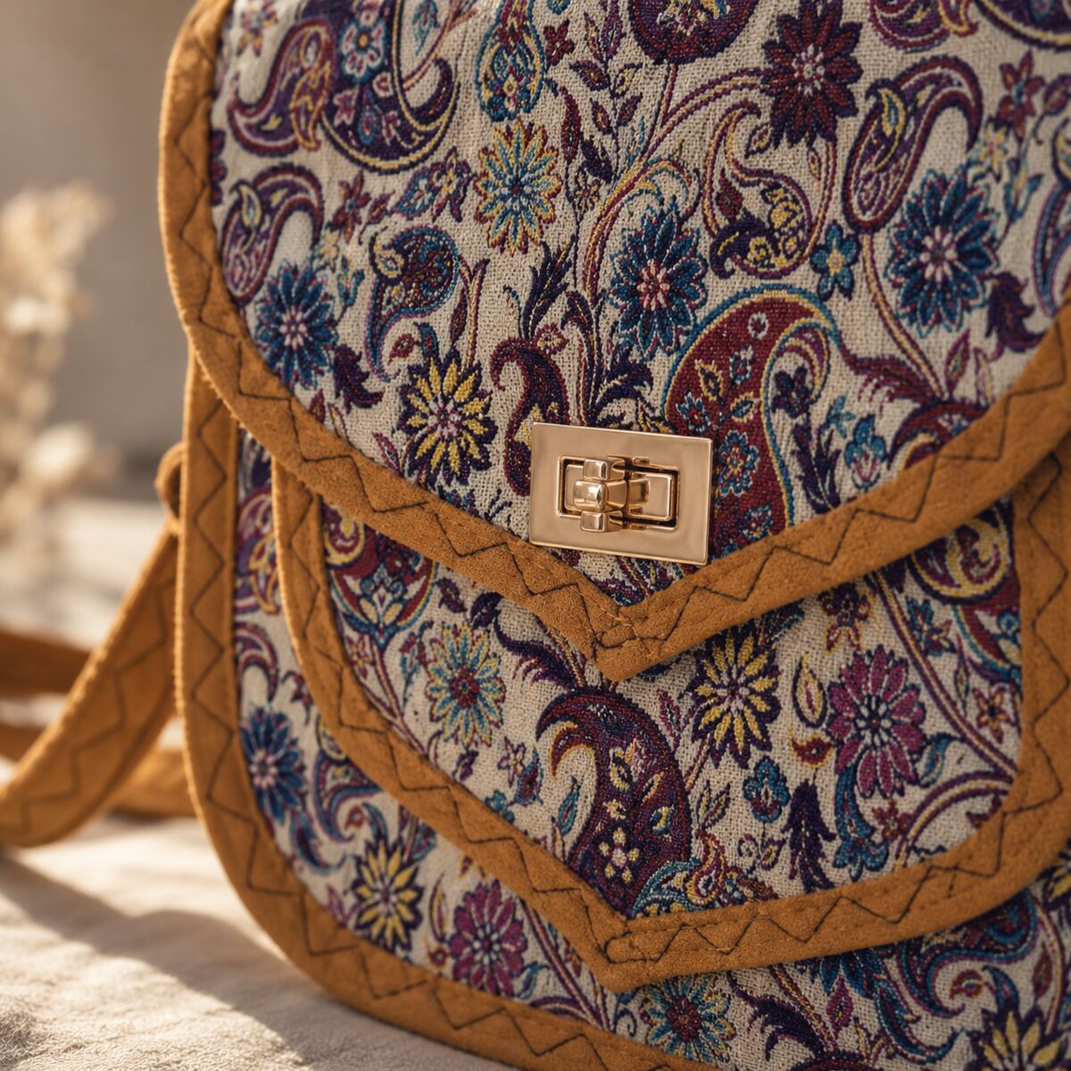CNT-6026 Krem Taba Paisley Desenli Goblen Omuz Çantası | Eos Kolektif - EOS Kolektif