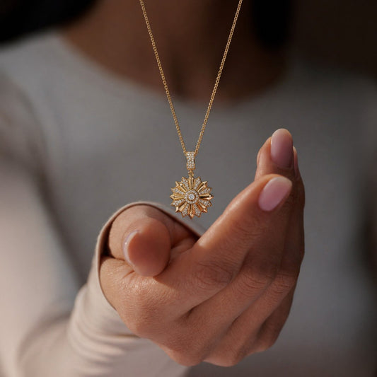 ST-13 Gold Işıltılı Çiçek Çelik Kolye ve Yelpaze Küpe Seti - EOS Kolektif