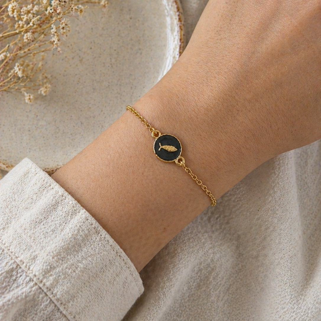 BLK-3007 Gold Zincir Siyah Mine Üzeri Balık Figürlü Bileklik