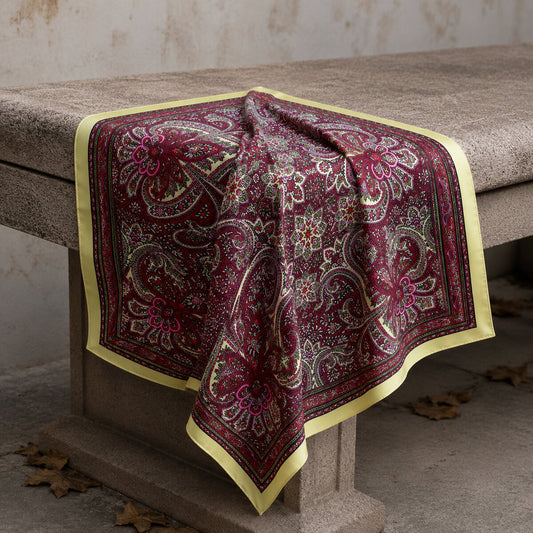 FLR-5011 Pastel Sarı & Mürdüm Paisley Mini Fular