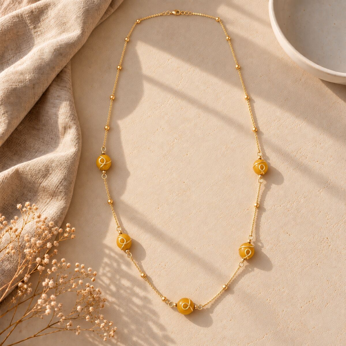 KLY-1071 Sarı Jade Doğal Taşlı Gold Zincirli Uzun Kolye | Eos Kolektif