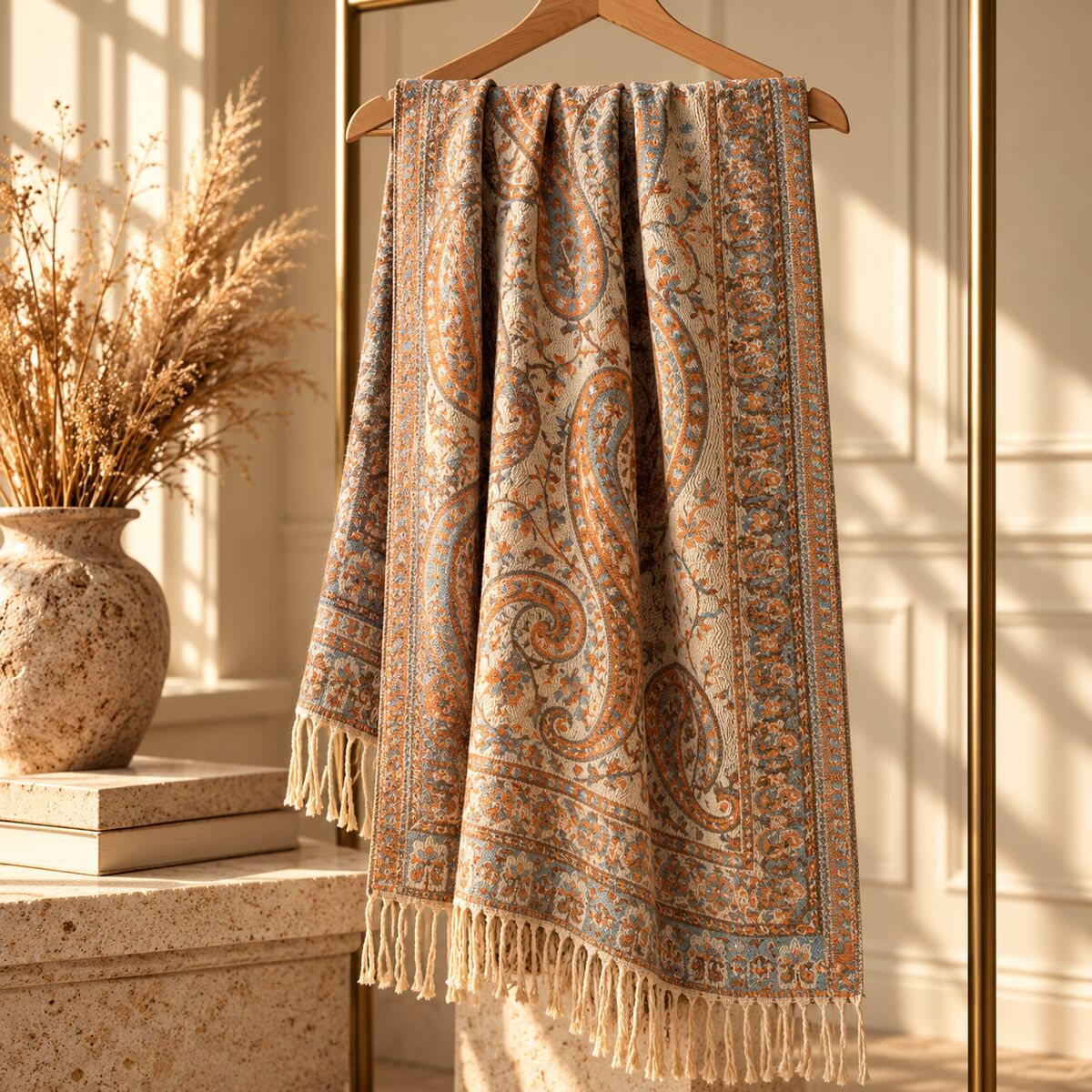 FLR-5028 Krem Tarçın Paisley Desenli Çift Taraflı Kaşmir Şal | Eos Kolektif
