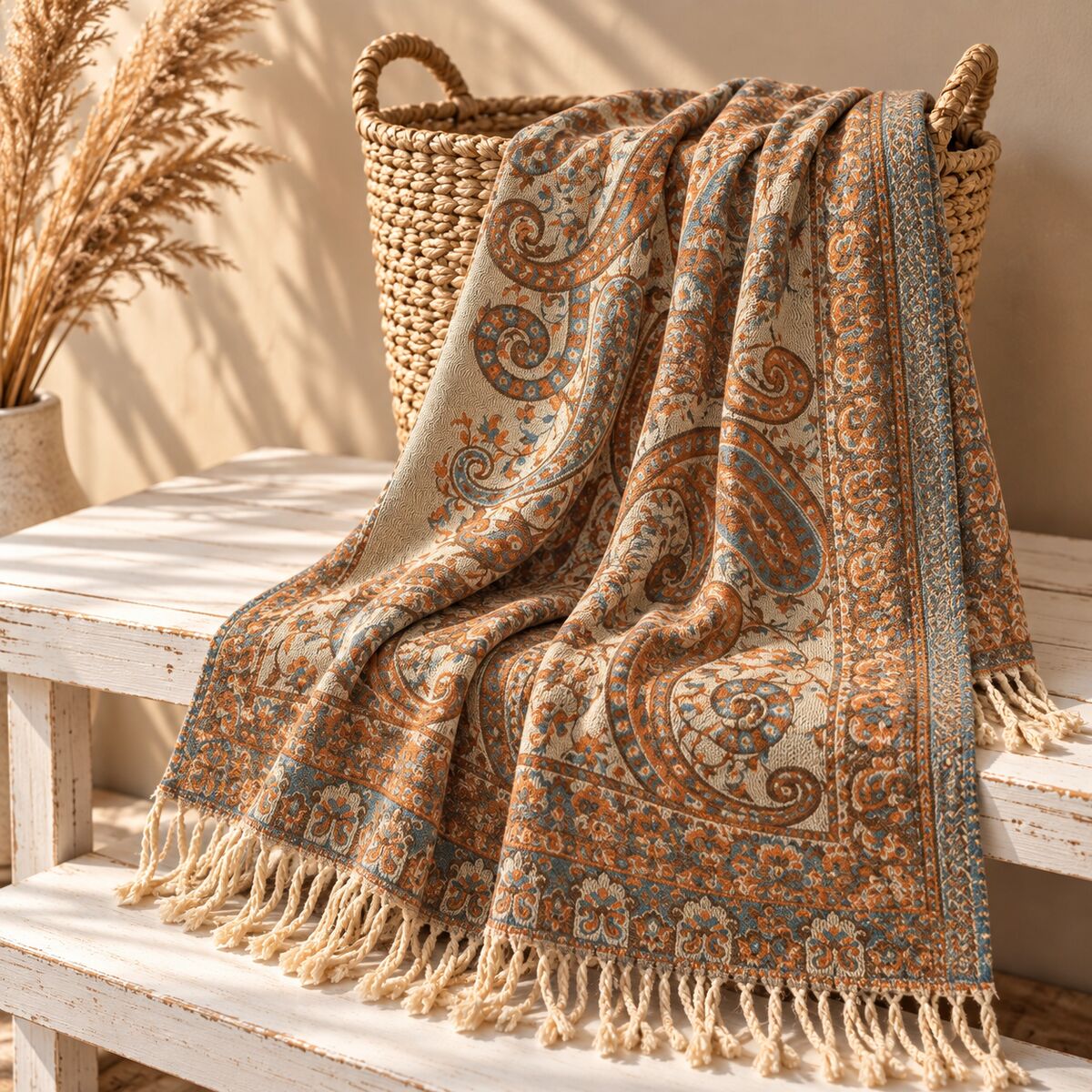 FLR-5028 Krem Tarçın Paisley Desenli Çift Taraflı Kaşmir Şal | Eos Kolektif