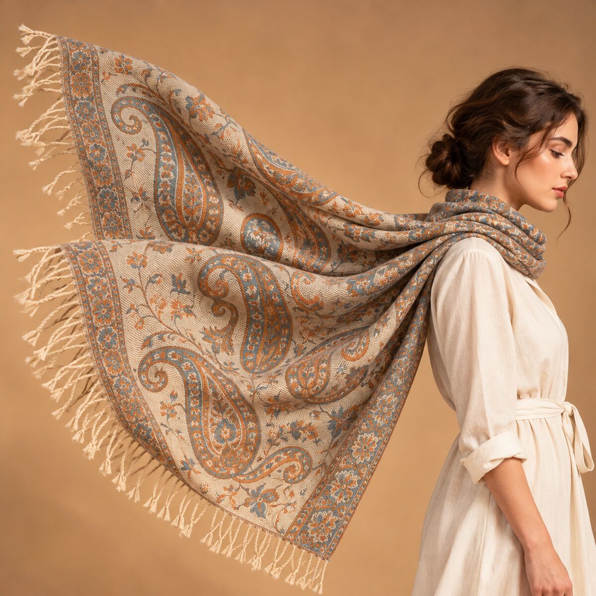 FLR-5028 Krem Tarçın Paisley Desenli Çift Taraflı Kaşmir Şal | Eos Kolektif