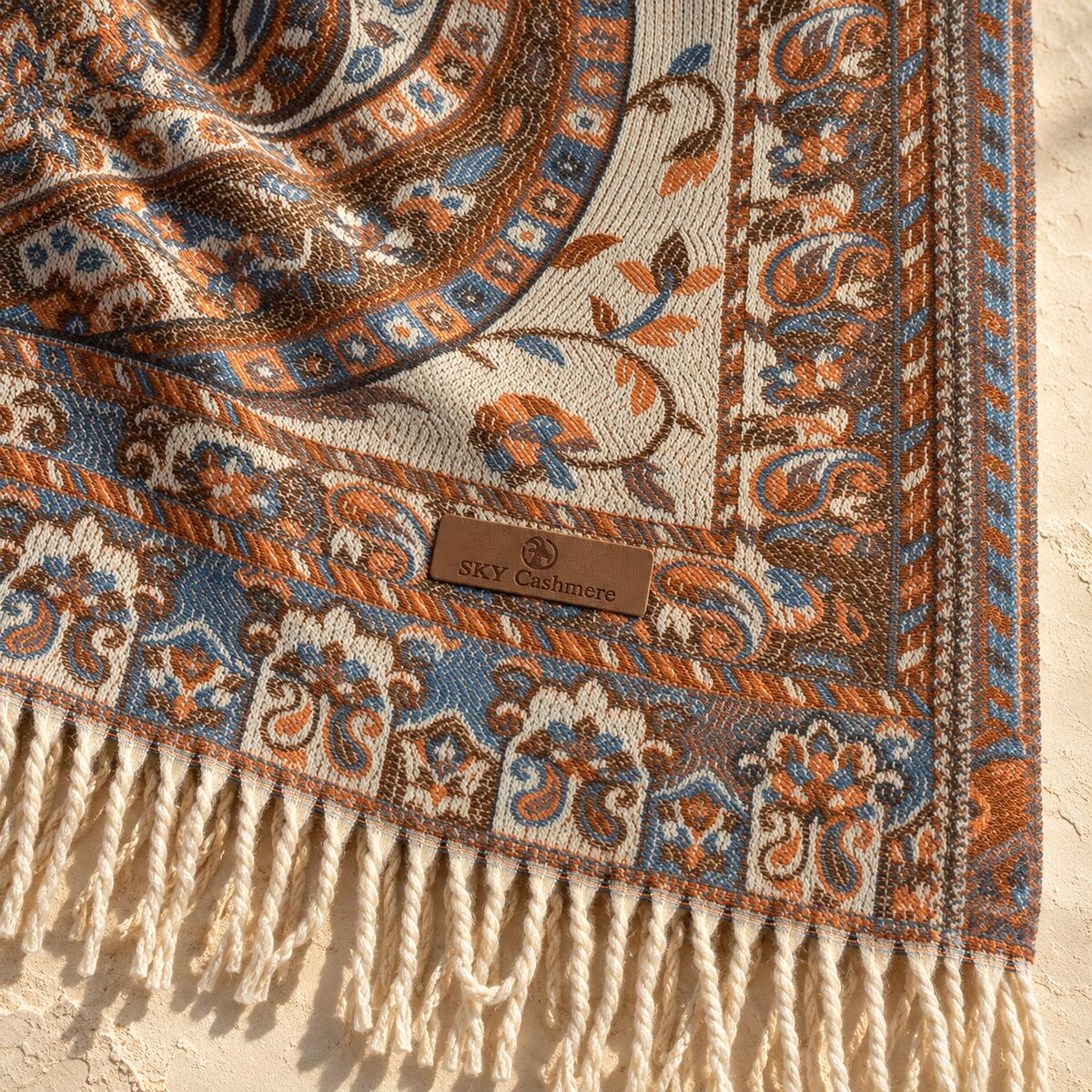 FLR-5028 Krem Tarçın Paisley Desenli Çift Taraflı Kaşmir Şal | Eos Kolektif