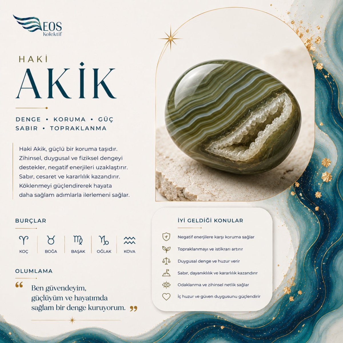 BLK-3033 Haki Akik Taşı Yuvarlak Doğal Taş Esnek Bileklik | Eos Kolektif - EOS Kolektif
