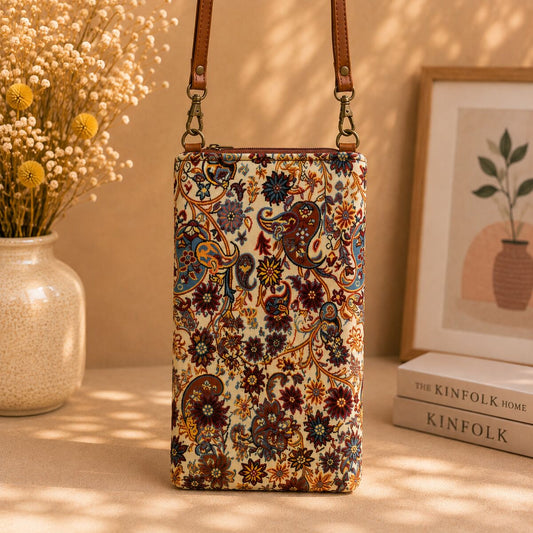 CNT-6010 Taba Krem Paisley Desenli Goblen Telefon Çantası | Eos Kolektif - EOS Kolektif