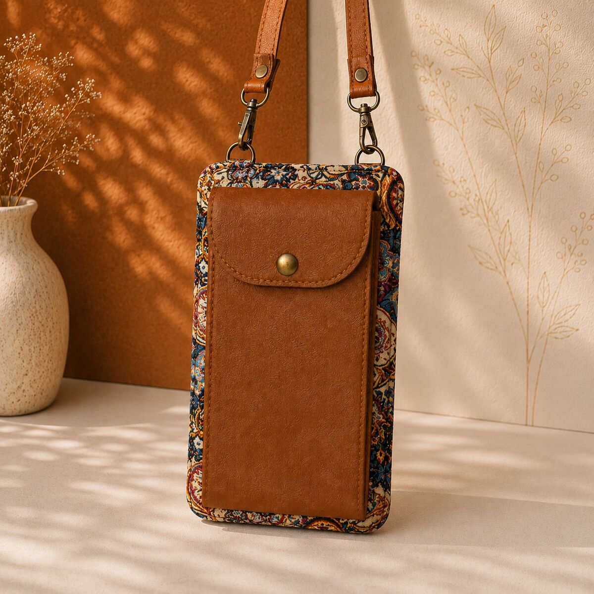 CNT-6010 Taba Krem Paisley Desenli Goblen Telefon Çantası | Eos Kolektif - EOS Kolektif
