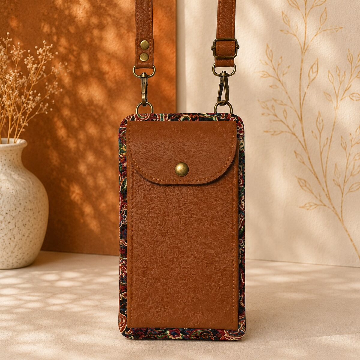 CNT-6011 Taba Lacivert Paisley Desenli Goblen Telefon Çantası | Eos Kolektif - EOS Kolektif