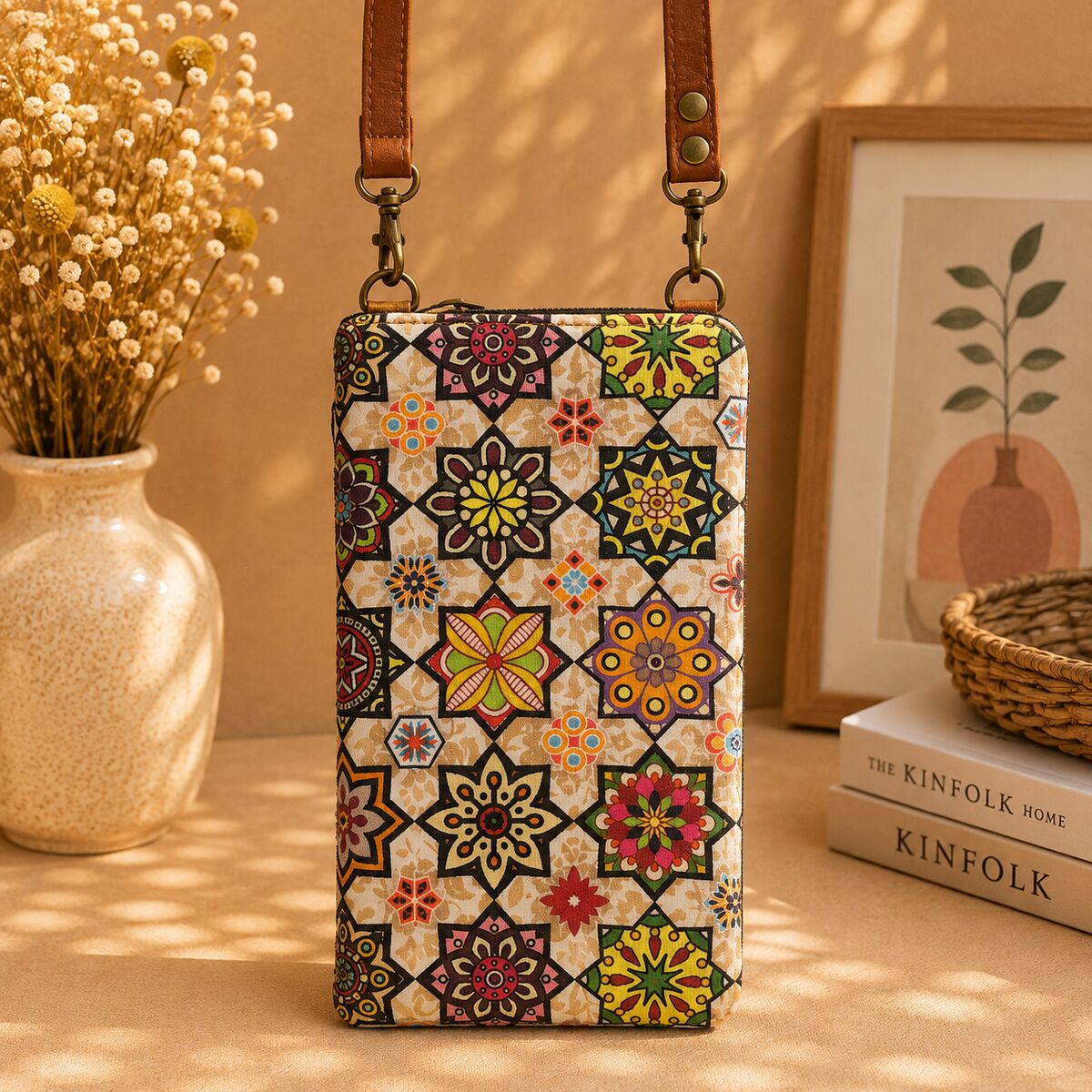 CNT-6014 Taba Krem Mozaik Desenli Goblen Telefon Çantası | Eos Kolektif - EOS Kolektif