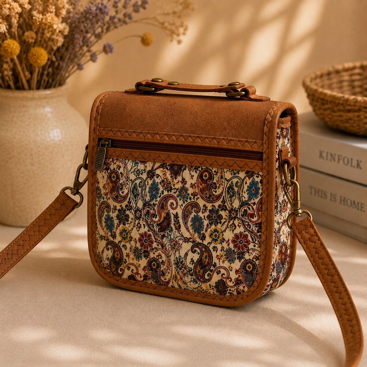 CNT-6019 Kahverengi Paisley Desenli Goblen Omuz Çantası | Eos Kolektif - EOS Kolektif