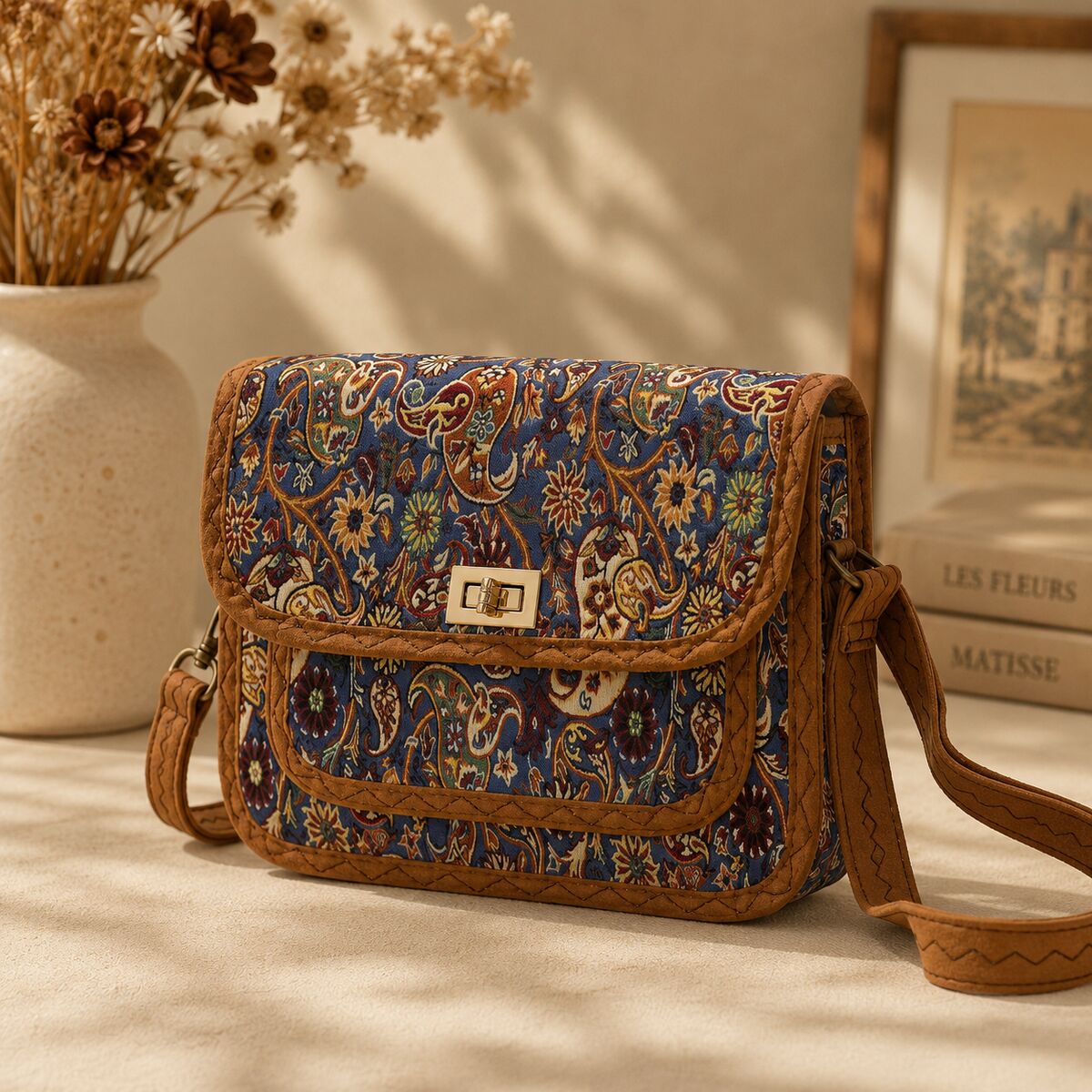 CNT-6021 Lacivert Paisley Desenli Goblen Omuz Çantası | Eos Kolektif - EOS Kolektif