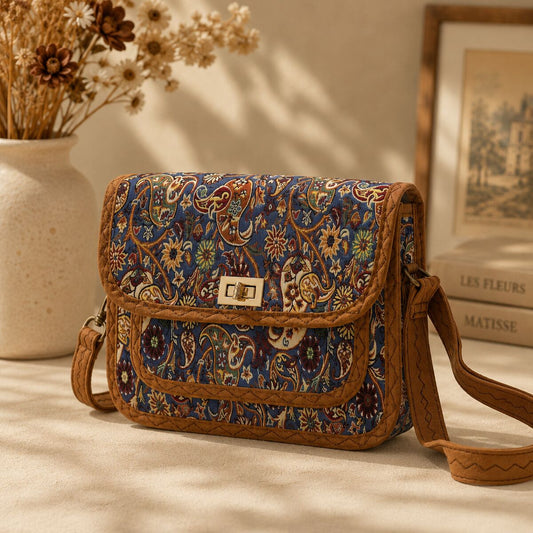 CNT-6021 Lacivert Paisley Desenli Goblen Omuz Çantası | Eos Kolektif - EOS Kolektif