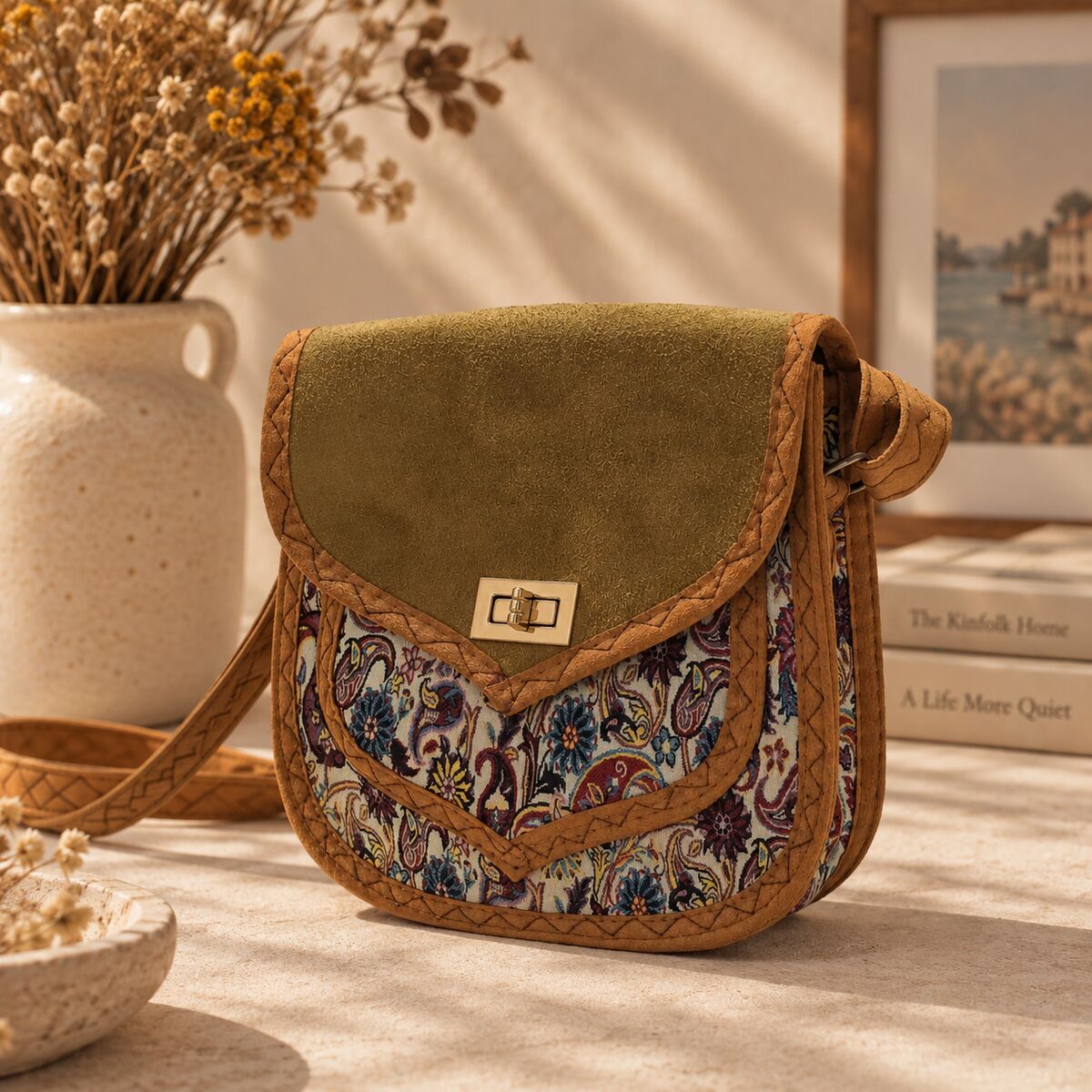 CNT-6024 Hardal Süet Kapaklı Paisley Desenli Goblen Omuz Çantası | Eos Kolektif - EOS Kolektif
