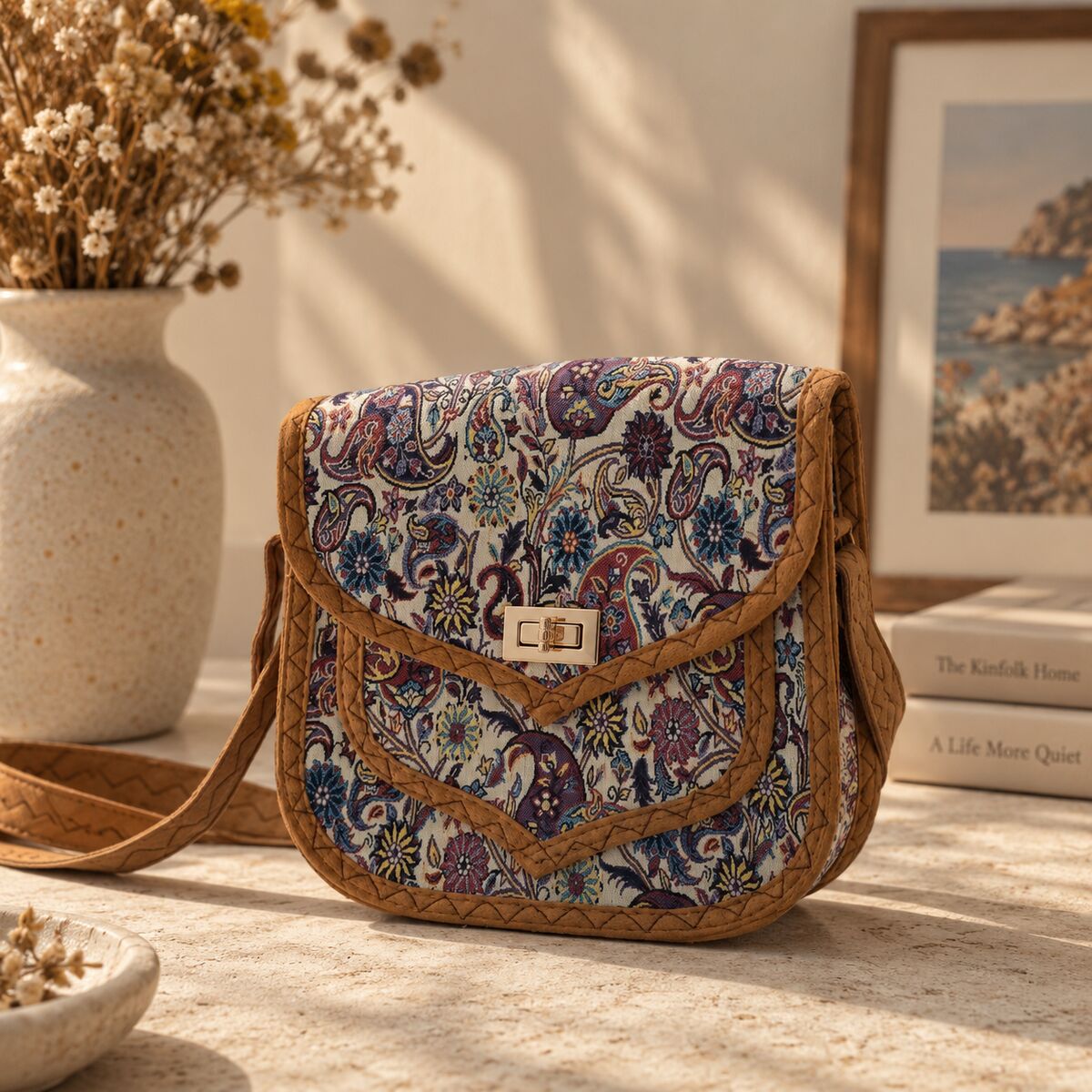 CNT-6026 Krem Taba Paisley Desenli Goblen Omuz Çantası | Eos Kolektif - EOS Kolektif