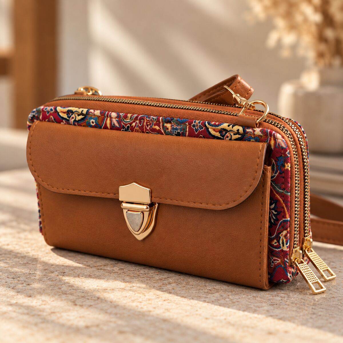 CNT-6028 Taba Kırmızı Paisley Desenli Goblen Çapraz Cüzdan Çanta | Eos Kolektif - EOS Kolektif