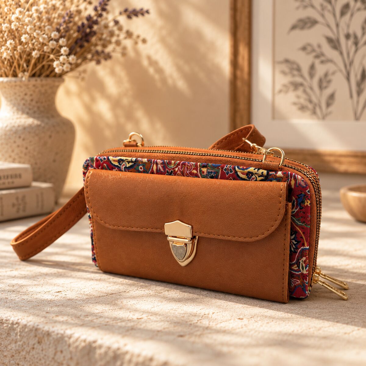 CNT-6028 Taba Kırmızı Paisley Desenli Goblen Çapraz Cüzdan Çanta | Eos Kolektif - EOS Kolektif