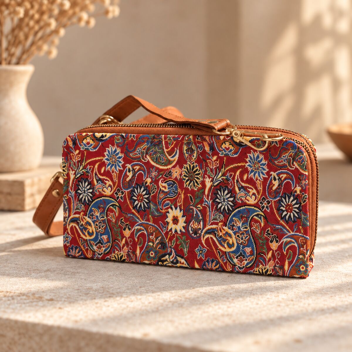 CNT-6028 Taba Kırmızı Paisley Desenli Goblen Çapraz Cüzdan Çanta | Eos Kolektif - EOS Kolektif