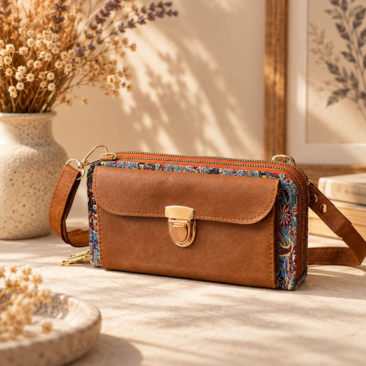 CNT-6030 Taba Açık Mavi Paisley Desenli Goblen Çapraz Cüzdan Çanta | Eos Kolektif - EOS Kolektif