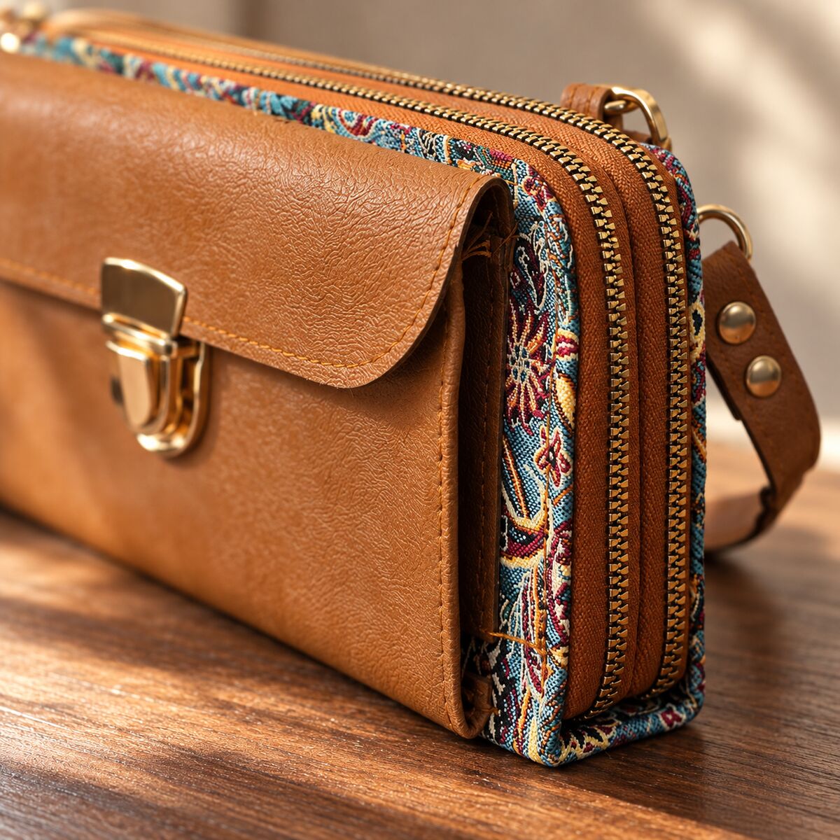 CNT-6030 Taba Açık Mavi Paisley Desenli Goblen Çapraz Cüzdan Çanta | Eos Kolektif - EOS Kolektif