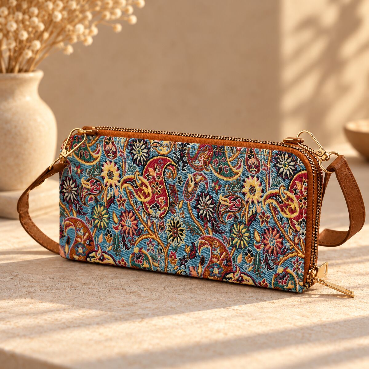 CNT-6030 Taba Açık Mavi Paisley Desenli Goblen Çapraz Cüzdan Çanta | Eos Kolektif - EOS Kolektif
