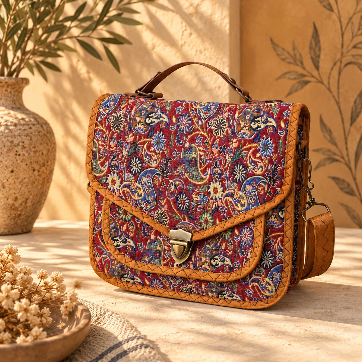 CNT-6032 Taba Kırmızı Paisley Desenli Goblen Kulplu Postacı Çanta | Eos Kolektif - EOS Kolektif