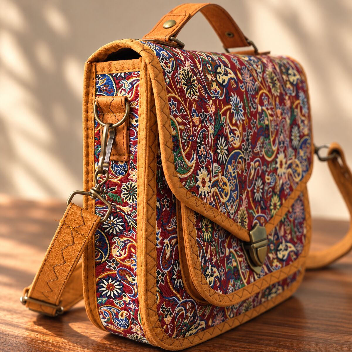 CNT-6032 Taba Kırmızı Paisley Desenli Goblen Kulplu Postacı Çanta | Eos Kolektif - EOS Kolektif