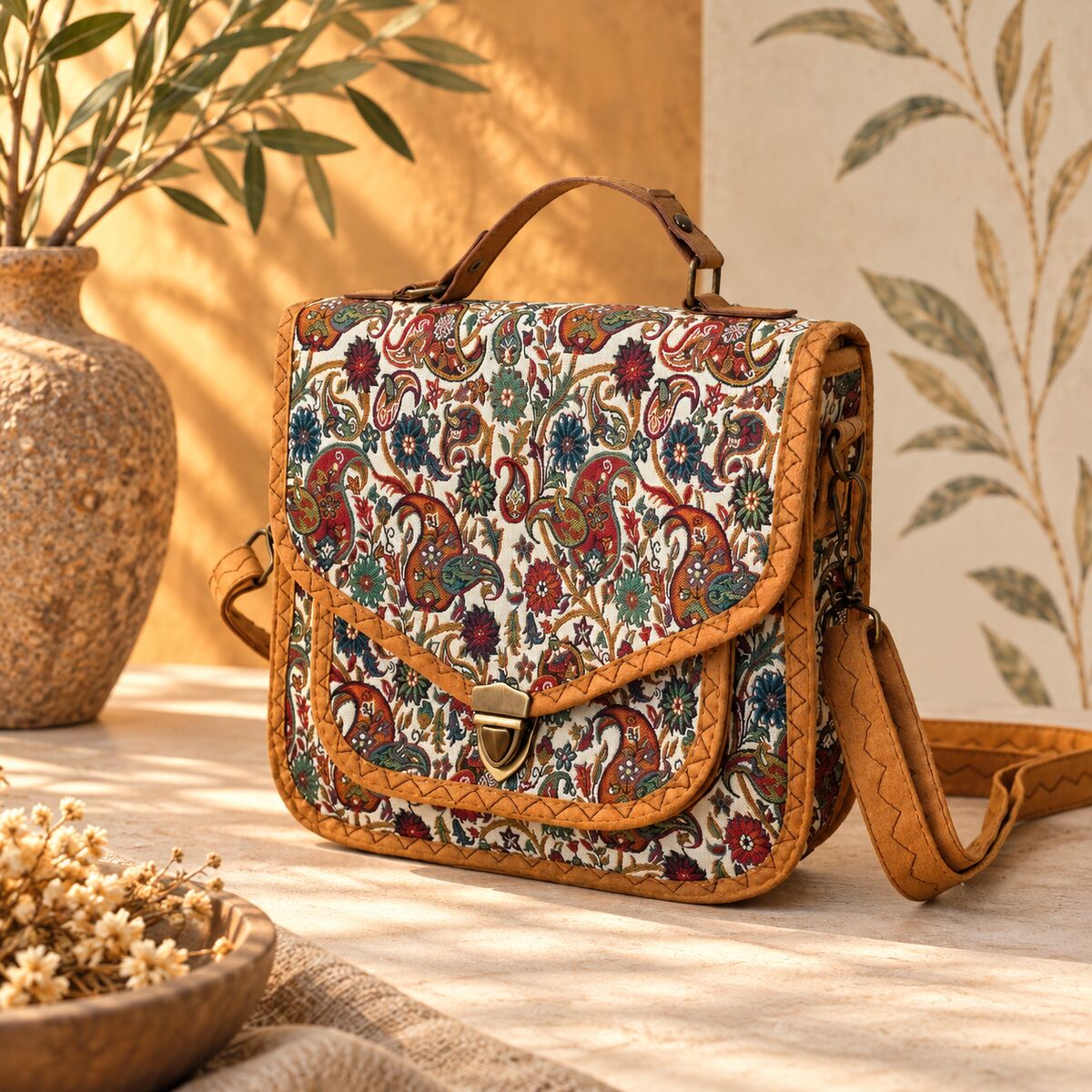 CNT-6033 Taba Krem Paisley Desenli Goblen Kulplu Postacı Çanta | Eos Kolektif - EOS Kolektif