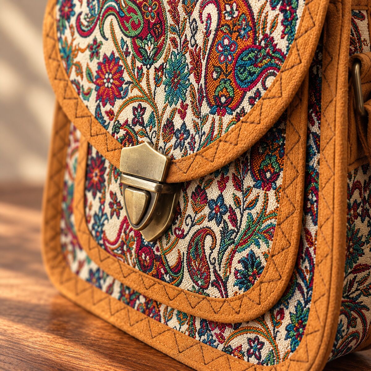 CNT-6033 Taba Krem Paisley Desenli Goblen Kulplu Postacı Çanta | Eos Kolektif - EOS Kolektif