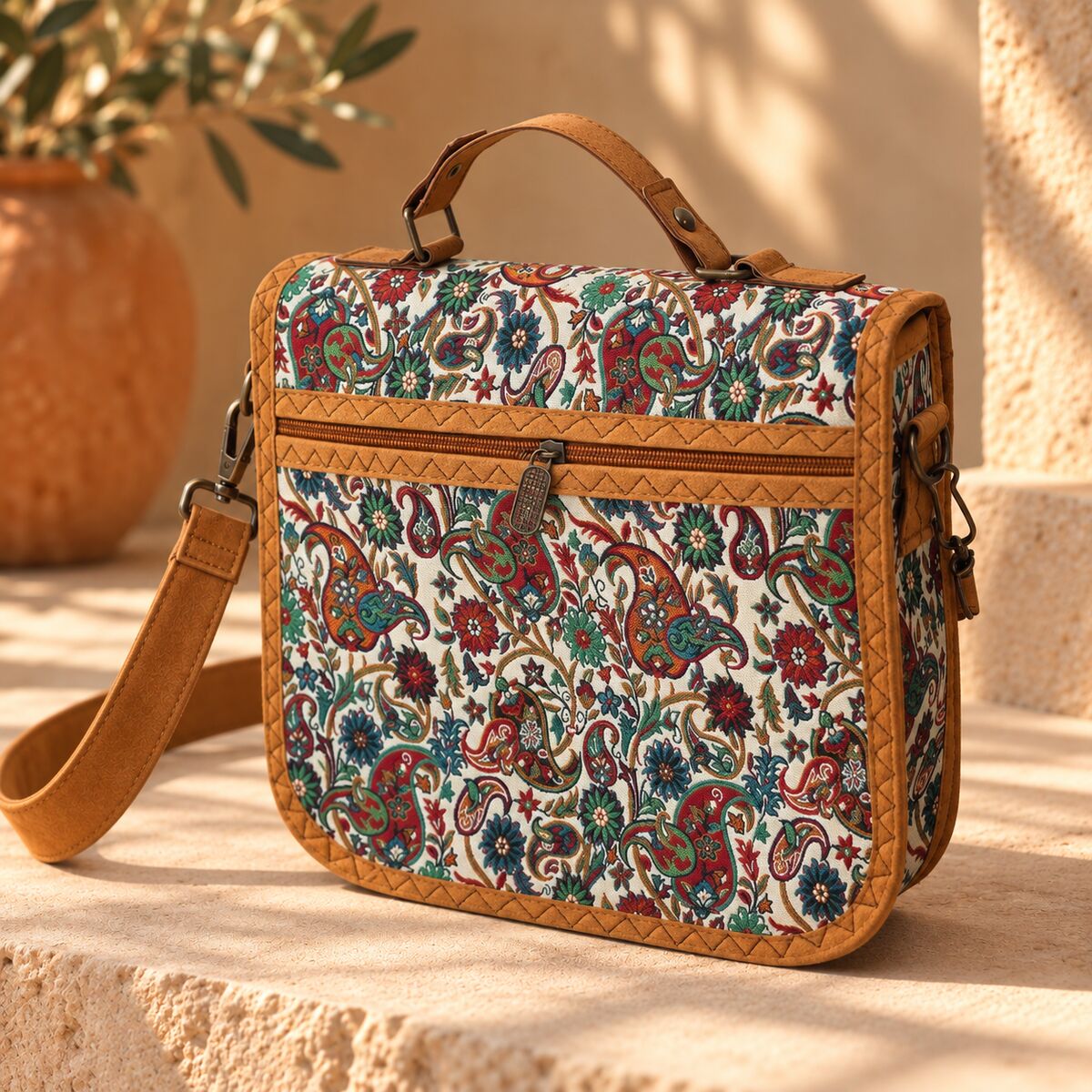 CNT-6033 Taba Krem Paisley Desenli Goblen Kulplu Postacı Çanta | Eos Kolektif - EOS Kolektif