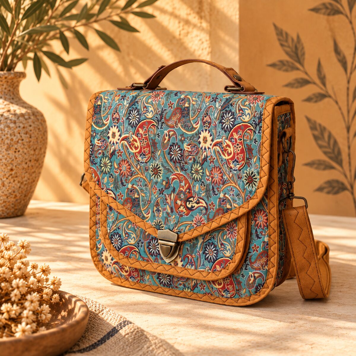 CNT-6034 Taba Mavi Paisley Desenli Goblen Kulplu Postacı Çanta | Eos Kolektif - EOS Kolektif