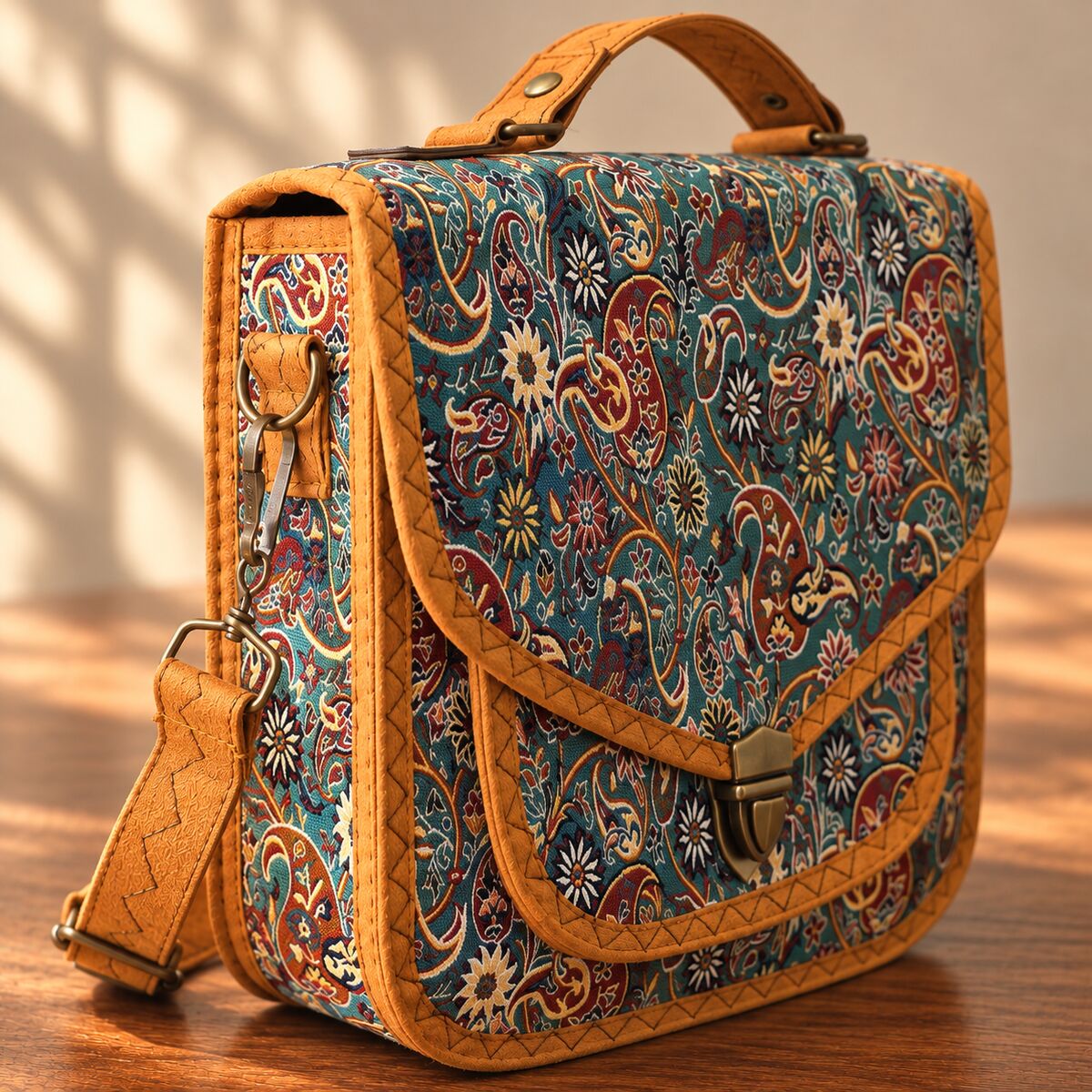 CNT-6034 Taba Mavi Paisley Desenli Goblen Kulplu Postacı Çanta | Eos Kolektif - EOS Kolektif