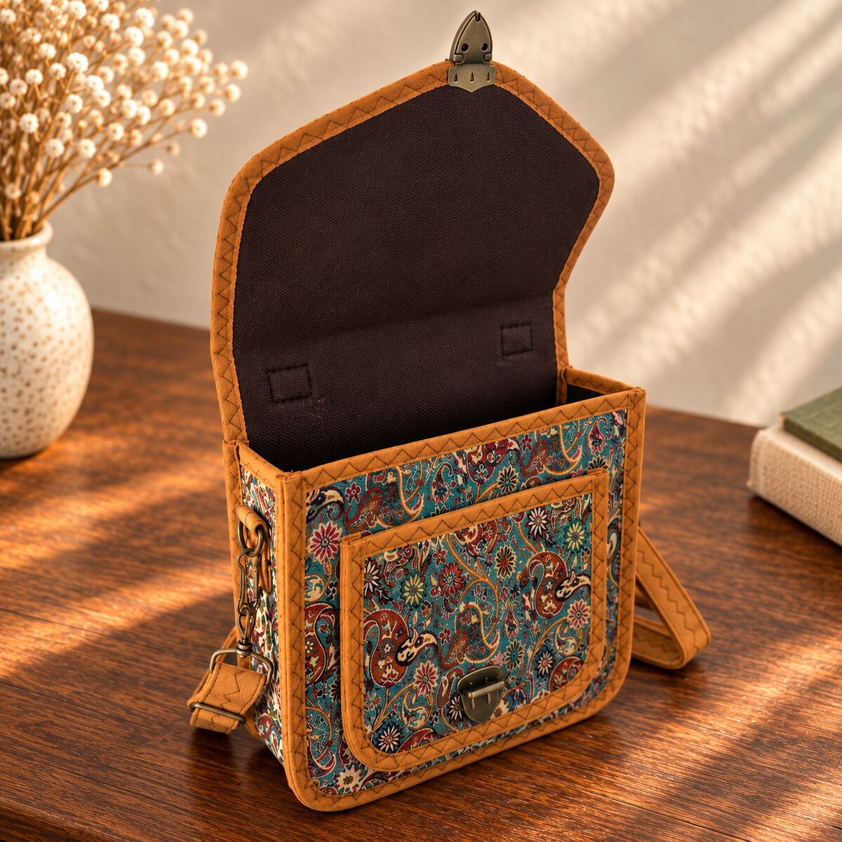 CNT-6034 Taba Mavi Paisley Desenli Goblen Kulplu Postacı Çanta | Eos Kolektif - EOS Kolektif