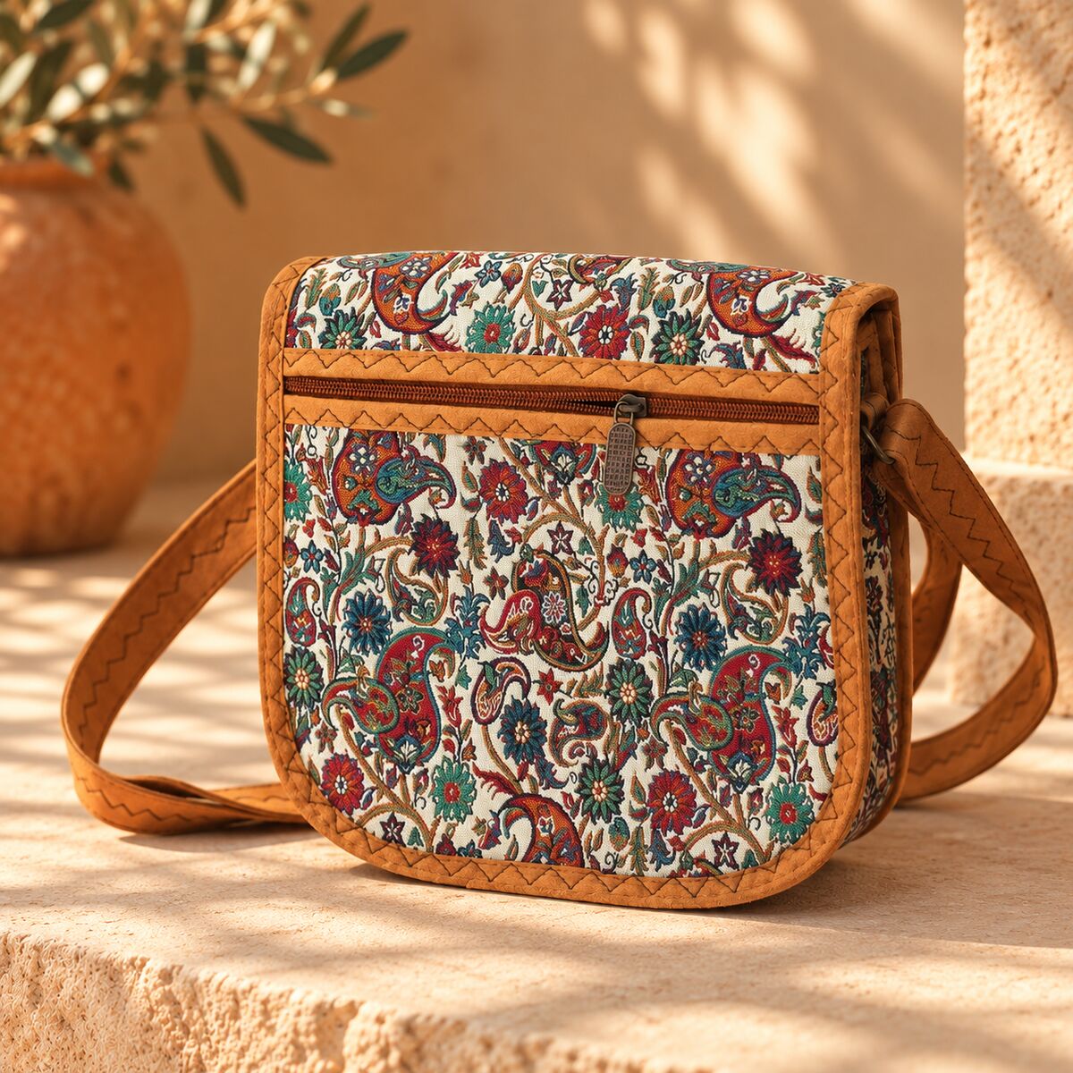 CNT-6036 Taba Krem Paisley Desenli Goblen Orta Boy Postacı Çanta | Eos Kolektif - EOS Kolektif