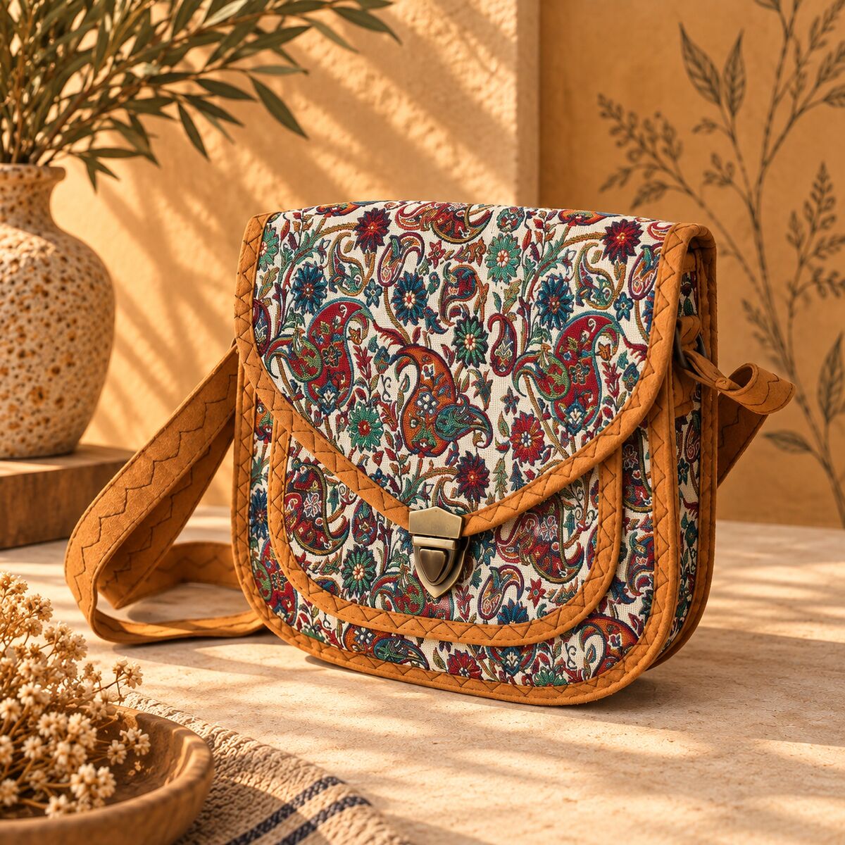 CNT-6036 Taba Krem Paisley Desenli Goblen Orta Boy Postacı Çanta | Eos Kolektif - EOS Kolektif