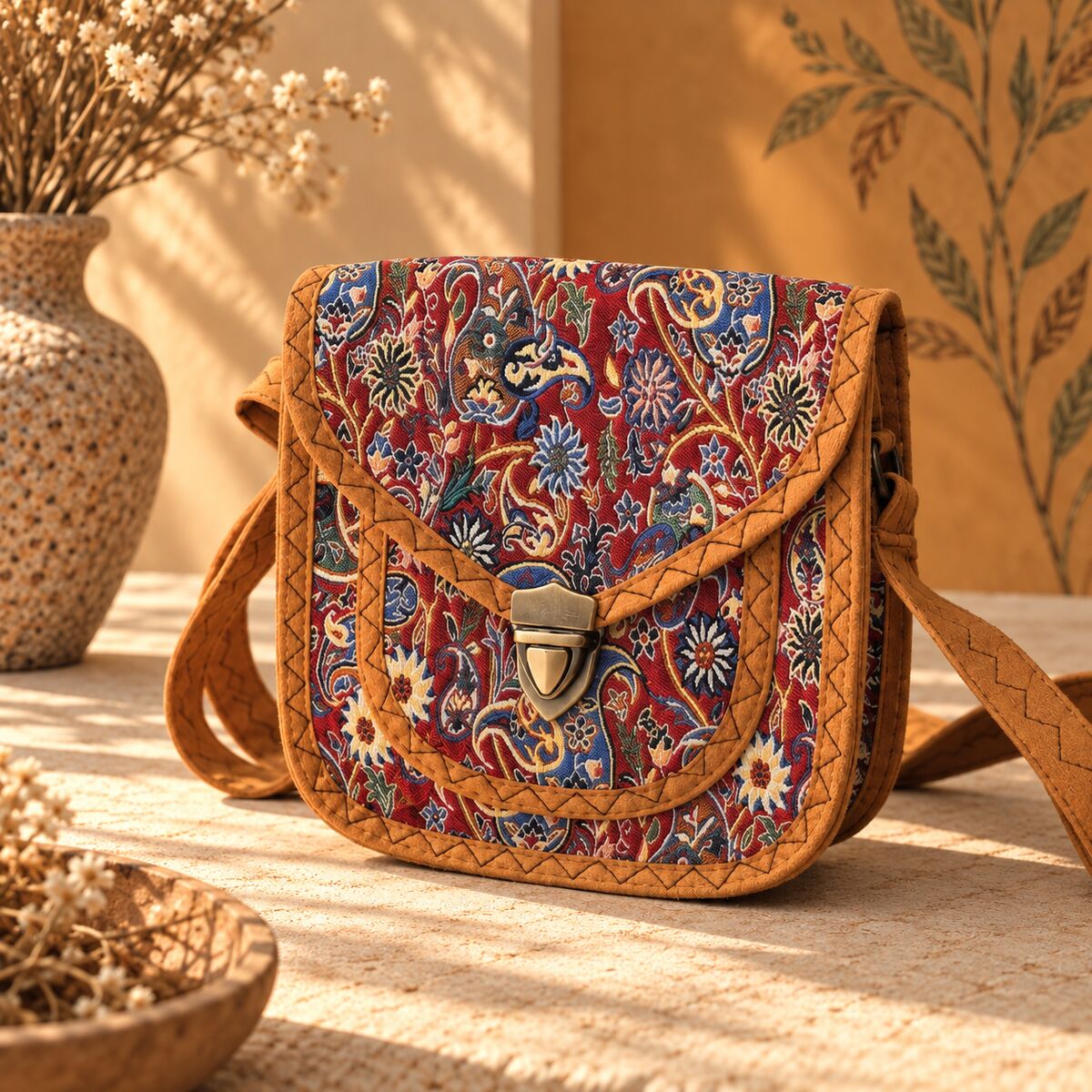 CNT-6038 Taba Kırmızı Paisley Desenli Goblen Küçük Boy Postacı Çanta | Eos Kolektif - EOS Kolektif