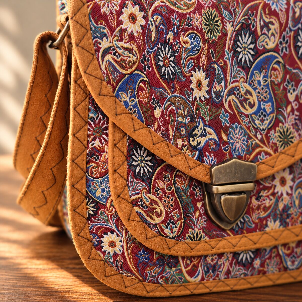 CNT-6038 Taba Kırmızı Paisley Desenli Goblen Küçük Boy Postacı Çanta | Eos Kolektif - EOS Kolektif