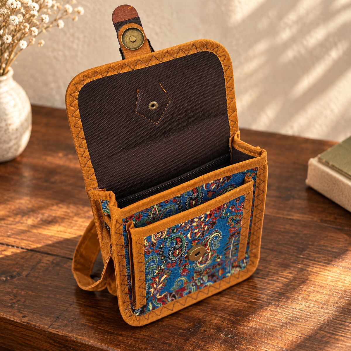 CNT-6042 Taba Mavi Paisley Desenli Goblen Kemer Detaylı Mini Çapraz Çanta | Eos Kolektif - EOS Kolektif
