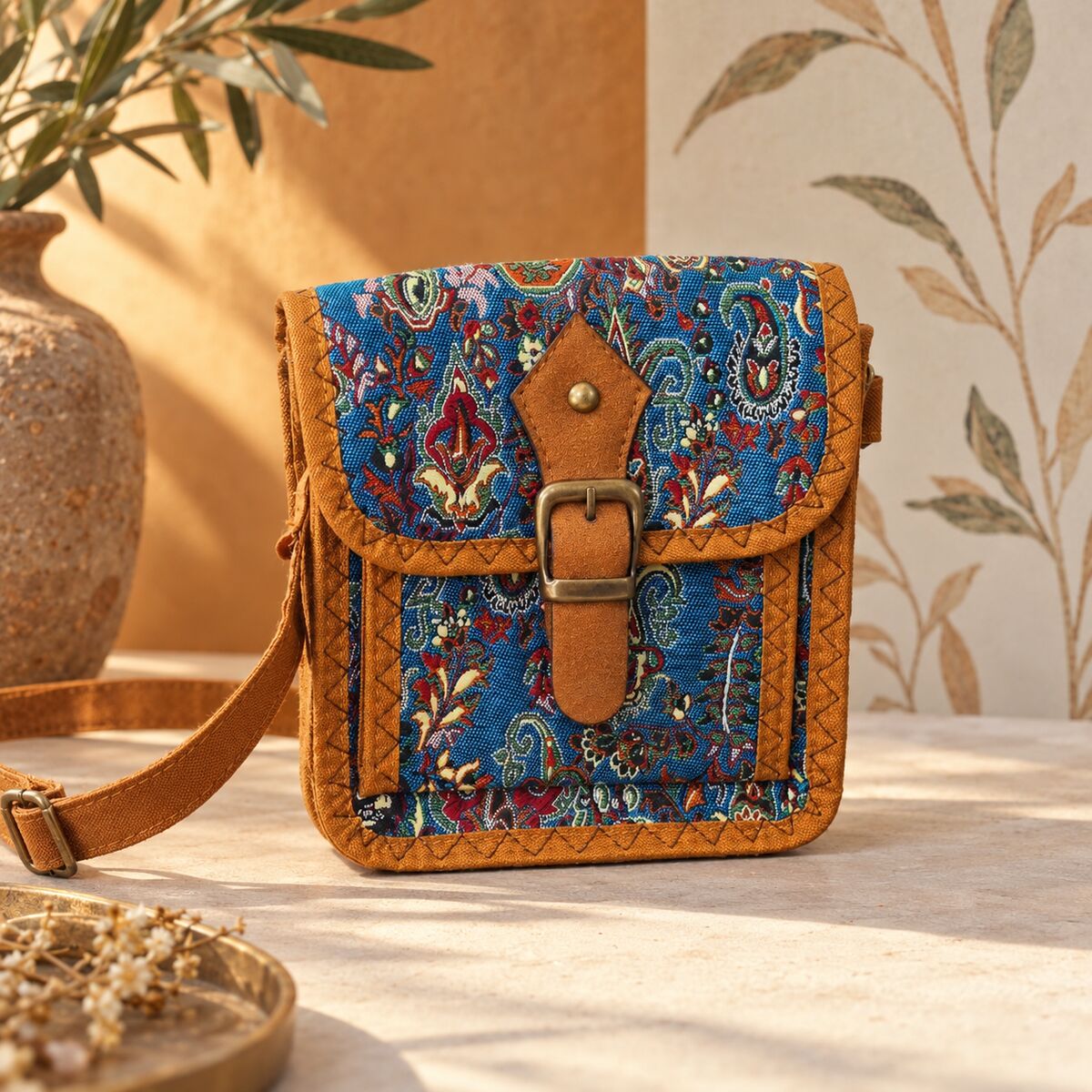 CNT-6042 Taba Mavi Paisley Desenli Goblen Kemer Detaylı Mini Çapraz Çanta | Eos Kolektif - EOS Kolektif