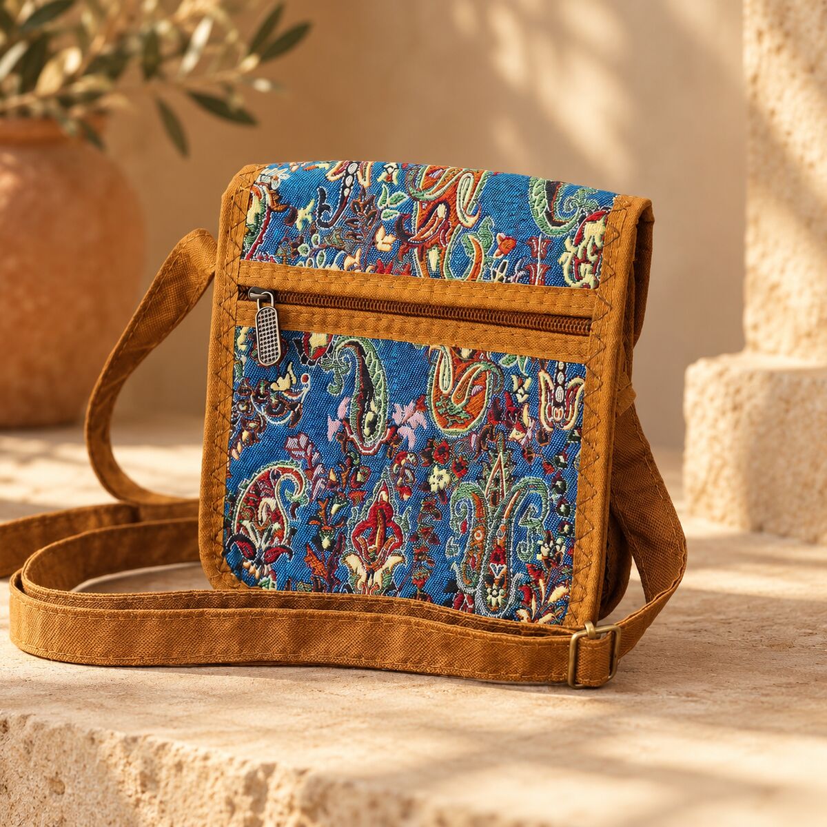 CNT-6042 Taba Mavi Paisley Desenli Goblen Kemer Detaylı Mini Çapraz Çanta | Eos Kolektif - EOS Kolektif