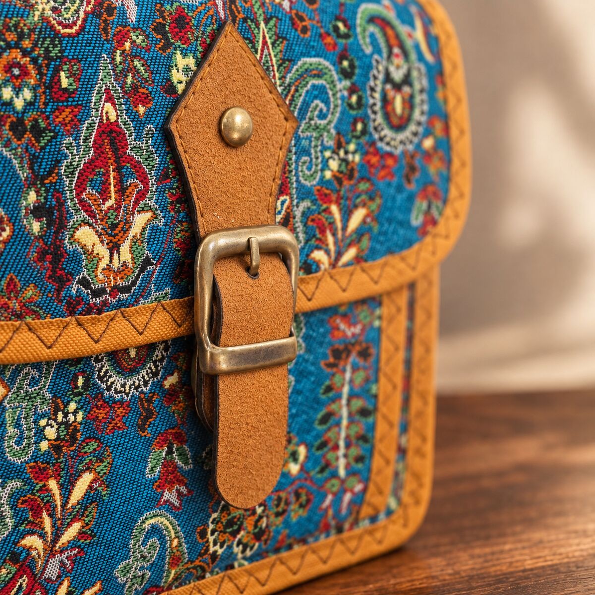 CNT-6042 Taba Mavi Paisley Desenli Goblen Kemer Detaylı Mini Çapraz Çanta | Eos Kolektif - EOS Kolektif