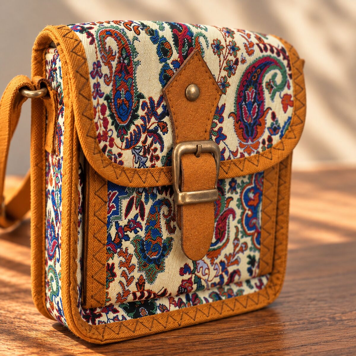 CNT-6043 Taba Krem Paisley Desenli Goblen Kemer Detaylı Mini Çapraz Çanta | Eos Kolektif - EOS Kolektif