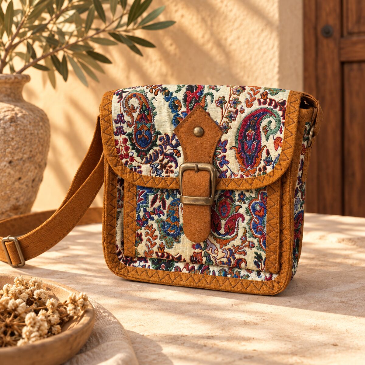 CNT-6043 Taba Krem Paisley Desenli Goblen Kemer Detaylı Mini Çapraz Çanta | Eos Kolektif - EOS Kolektif