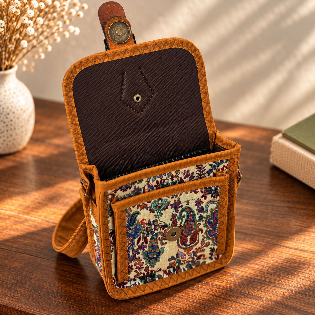 CNT-6043 Taba Krem Paisley Desenli Goblen Kemer Detaylı Mini Çapraz Çanta | Eos Kolektif - EOS Kolektif