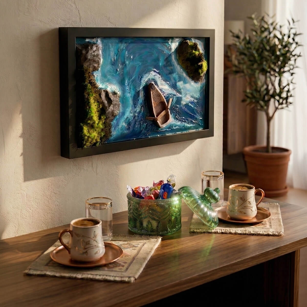 Eos Ocean Serisi - 3D El Yapımı Kil Kayık Detaylı Deniz Tablosu - (28x16 cm) - EOS Kolektif