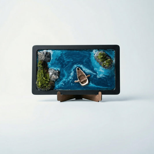 Eos Ocean Serisi - 3D El Yapımı Kil Kayık Detaylı Deniz Tablosu - (28x16 cm) - EOS Kolektif