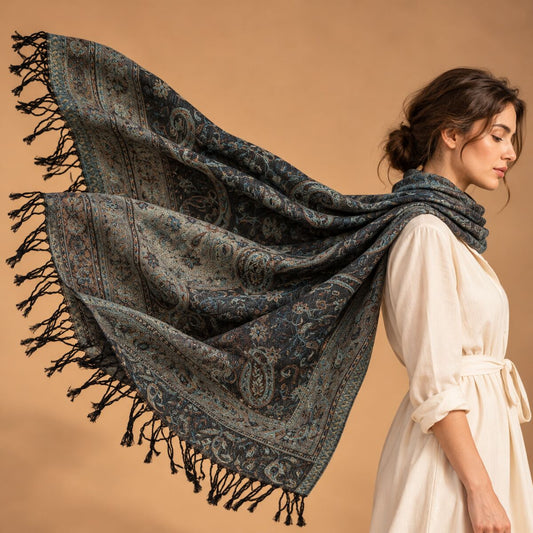 FLR-5031 Haki Paisley Desenli Çift Taraflı Paşmina Şal | Eos Kolektif - EOS Kolektif