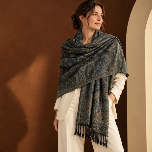 FLR-5031 Haki Paisley Desenli Çift Taraflı Paşmina Şal | Eos Kolektif - EOS Kolektif